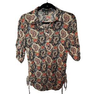 Amang NY Women's Short sleeve blouse Size Small Navy Blue Pink Multi Paisley